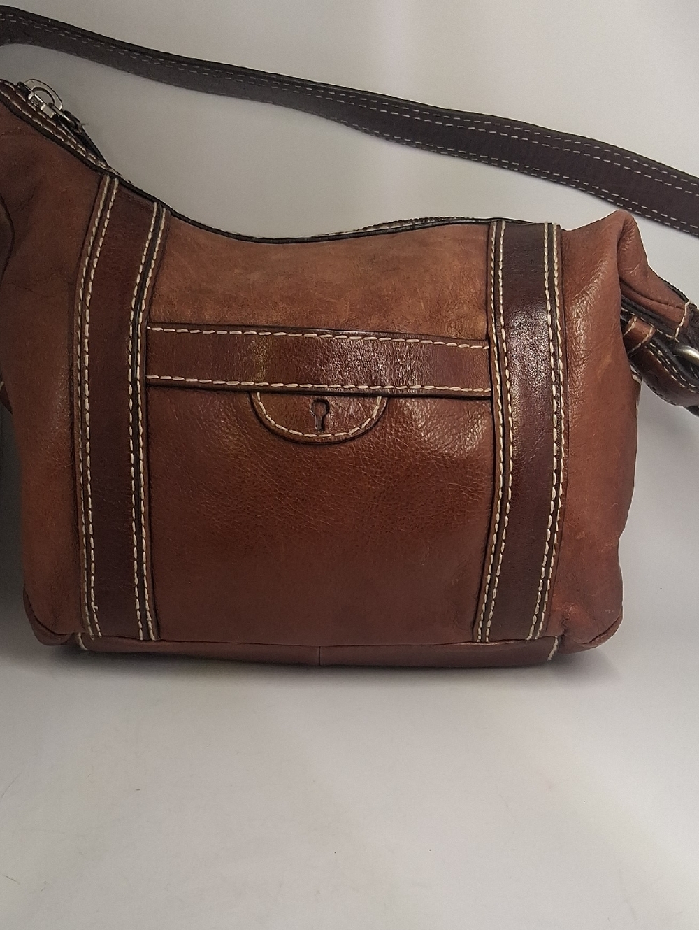 Fossil Brown Leather Shoulder Bag with Dark Trim